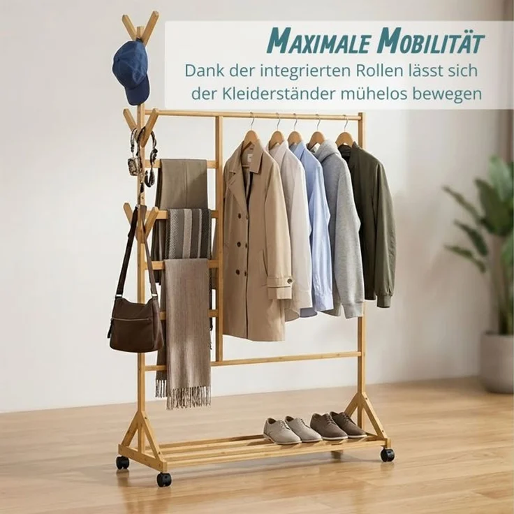 Relaxdays Bambus Kleiderständer mit Rollen – Bild 3