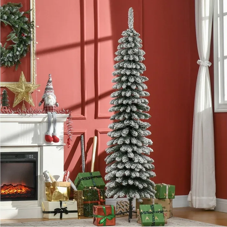 HOMCOM Künstlicher Weihnachtsbaum Bleistiftbaum mit Beflockung, schmal, Tannenbaum, mit 395 Spitzen, Schnee, Zapfen und klappbar Metallständer, Grün+Weiß