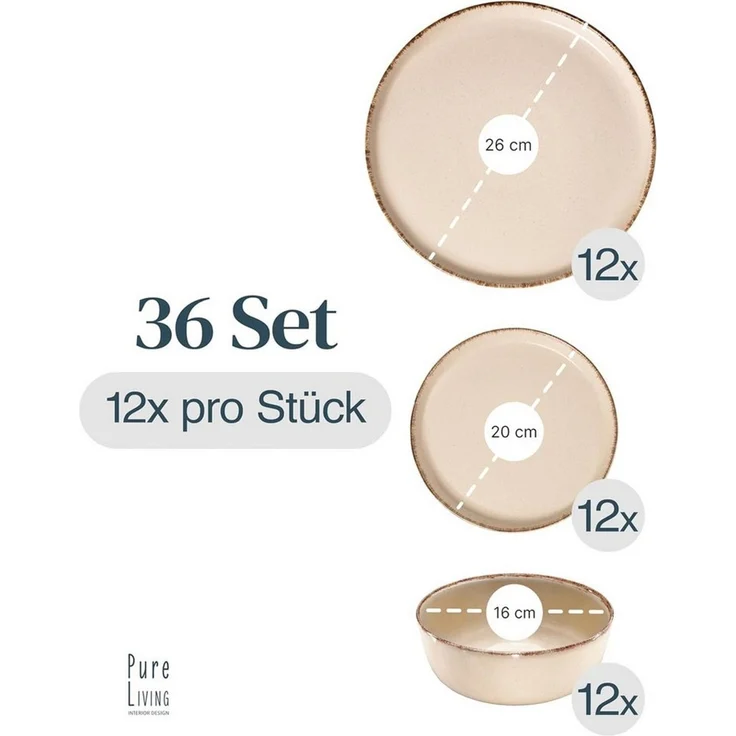 PURE LIVING INTERIOR DESIGN Geschirr-Set Rustic aus Steingut, 36-tlg, für 12 Personen, Beige (36-tlg), 12 Personen, Steingut – Bild 3