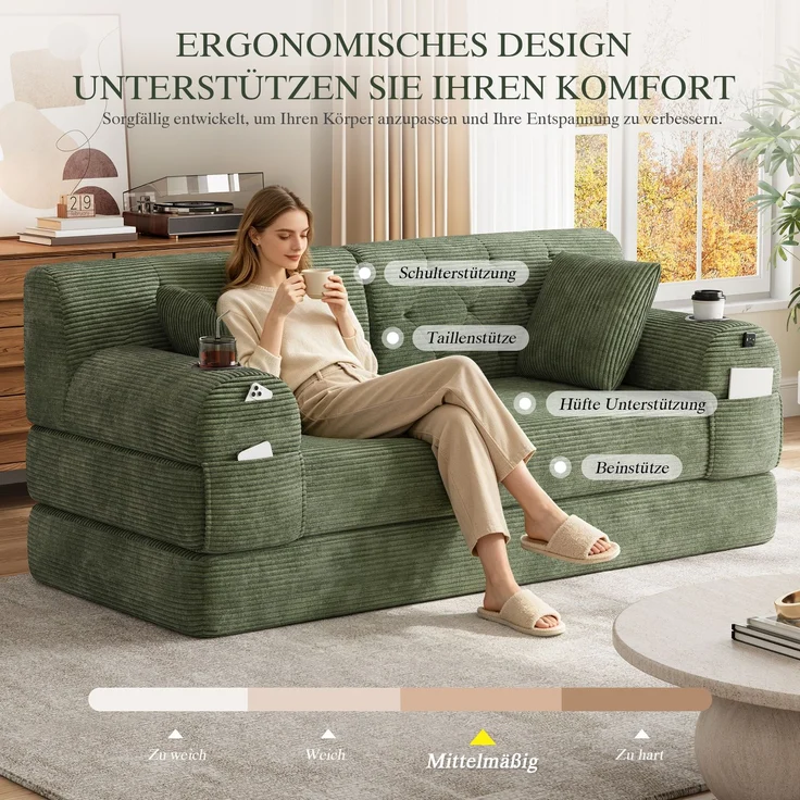 TavilaEcon 2-Sitzer Schlafsofa, komprimiertes Cord Sofa mit hoher Rückenlehne grün 81 × 80 × 168 cm (H × T × B) – Bild 8