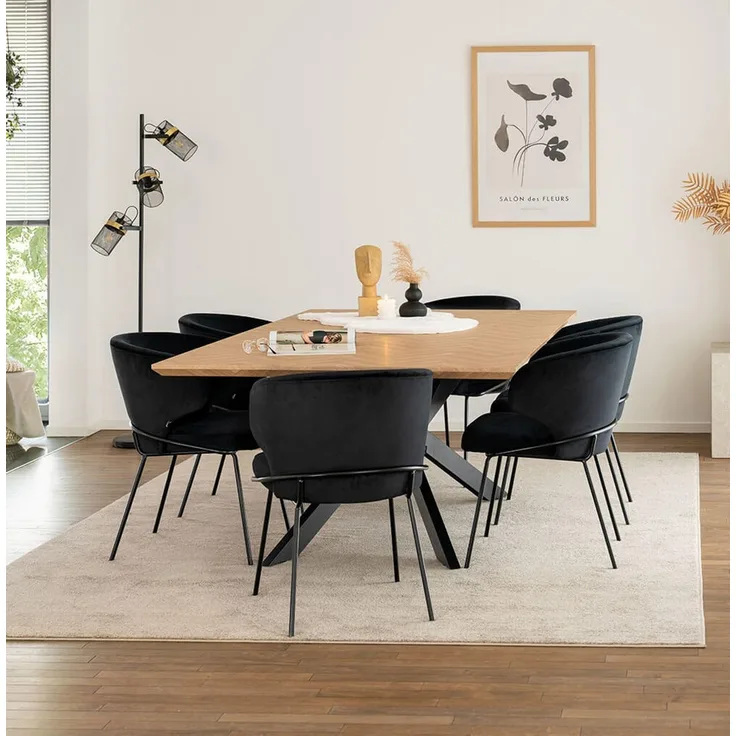 HOME DELUXE Essgruppe Eckig AVENCIA inkl. Sternfuß - 200 x 120 cm Fishbone Oak 6 Stühle