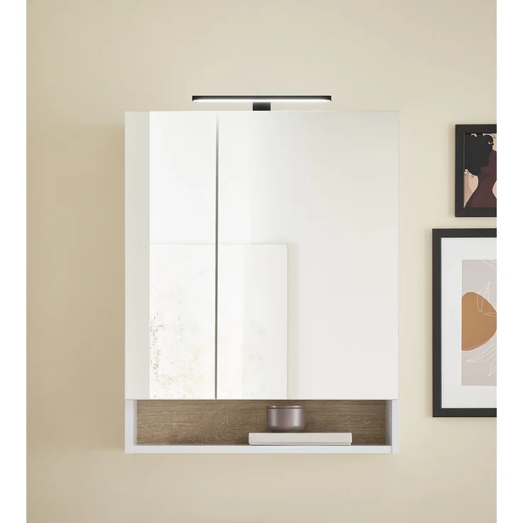 Badezimmerspiegelschrank >Denver< LED, Steckdose, weiß matt / eiche Dekor - 60x75x22 (BxHxT) – Bild 7