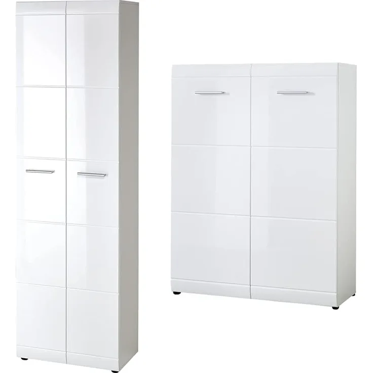 Germania 3577-84 Garderobenschrank mit Hochglanz-Fronten GW-Adana in Weiß, 59 x 197 x 37 cm (BxHxT) & 3524-84 Schuhschrank mit Hochglanz-Fronten GW-Adana in Weiß, 90 x 120 x 36 cm (BxHxT)