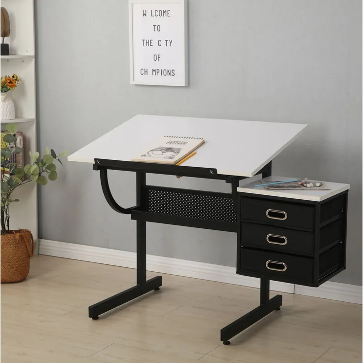 Zeichentisch mit neigbarer Arbeitsplatte & 3 Stoffschubladen, 90x60 cm, Weiß