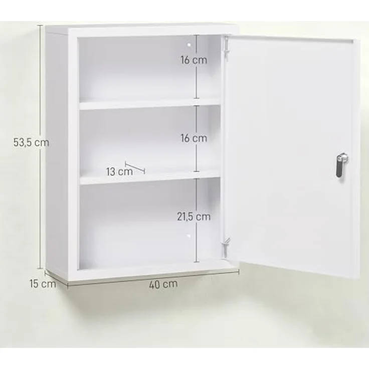 Kleankin Medizinschrank Apothekerschrank mit 3 Fächern (Erste Hilfe Schrank, 1-St, Medikamentenschrank) Stahl, Weiß, 40 x 15 x 53,5 cm – Bild 4