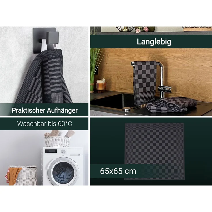 ZOLLNER 6er Set Geschirrtücher, 65x65 cm, 100% Baumwolle, schwarz kariert – Bild 3