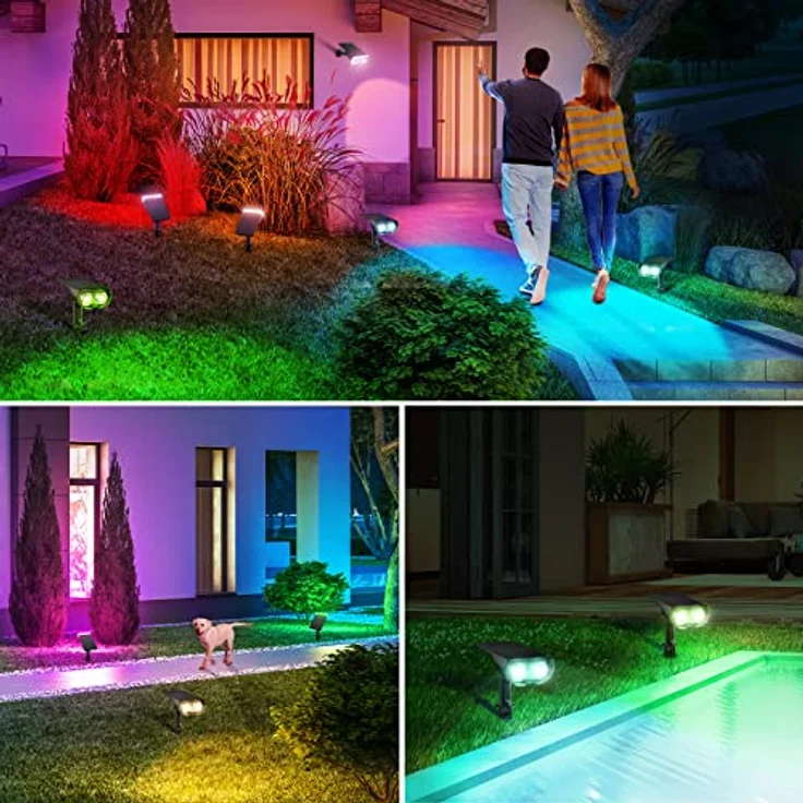 Linkind Bunt Solarlampen für Außen, RGB+Weiß Solar Strahler Garten mit 10 Lichtmodi, Solar Außenleuchte 2 in 1 Montage, Dusk to Dawn IP65 Solarleuchte StarRay für Bäume, Vorgarten, Hof, 2 Stück – Bild 9