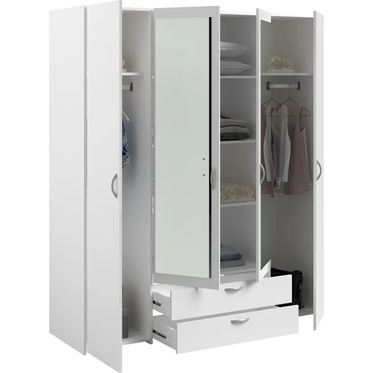 Drehtürenschrank >Daily 3< 4 Türen, 2x Spiegel, 2 Schübe, in Weiss - 160x185x51cm (BxHxT) – Bild 4