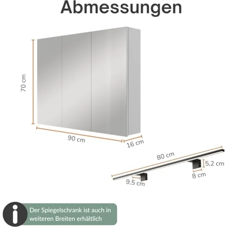 Planetmöbel ARIA Spiegelschrank Bad mit Beleuchtung 90 cm breit | Badschrank hängend mit Spiegel | Weiß Grau, mit Leuchte und Steckdose, Spiegelschrank Gäste WC 90 x 70 x 16 cm – Bild 4