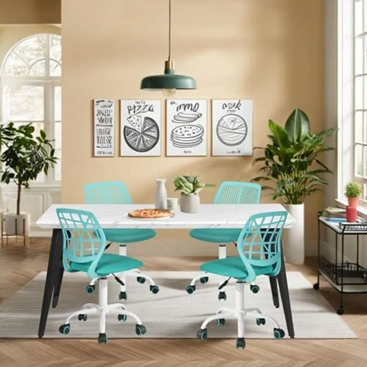 FurnitureR Esszimmer-Drehstühle, 1PC Küchenstuhl, gepolsterter Stuhl, Drehstuhl, bequemer Stuhl mit Rädern, Rückenlehne, armloser Stuhl für Esszimmer, Wohnzimmer,Türkis M – Bild 2