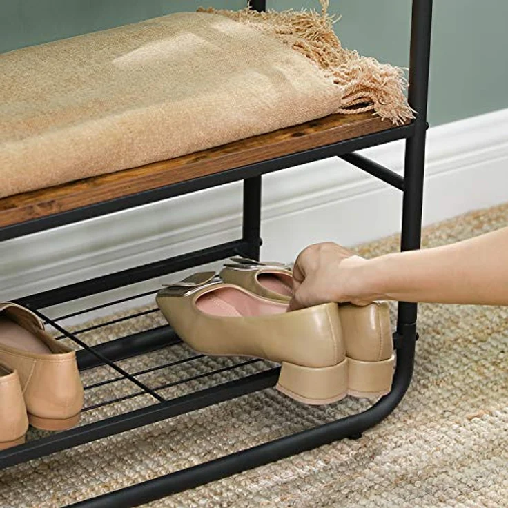 Vasagle Garderobenständer, Garderobe, Kleiderständer, mit Schuhablage, Schuhregal, Flur, Schlafzimmer, 58 x 28 x 181 cm, Industrie-Design, vintagebraun-schwarz HSR81BX – Bild 10