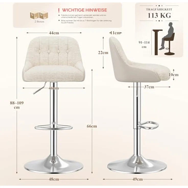 MALOL 360° Drehbarer Höhenverstellbarer Barhocker, Bar Hocker 4er Set mit Rückenlehne, Moderner Küchenhocker mit Metallfuß für Theke, Esszimmer, Barstuhl mit Kombination aus Leder und Bouclé, Beige – Bild 2