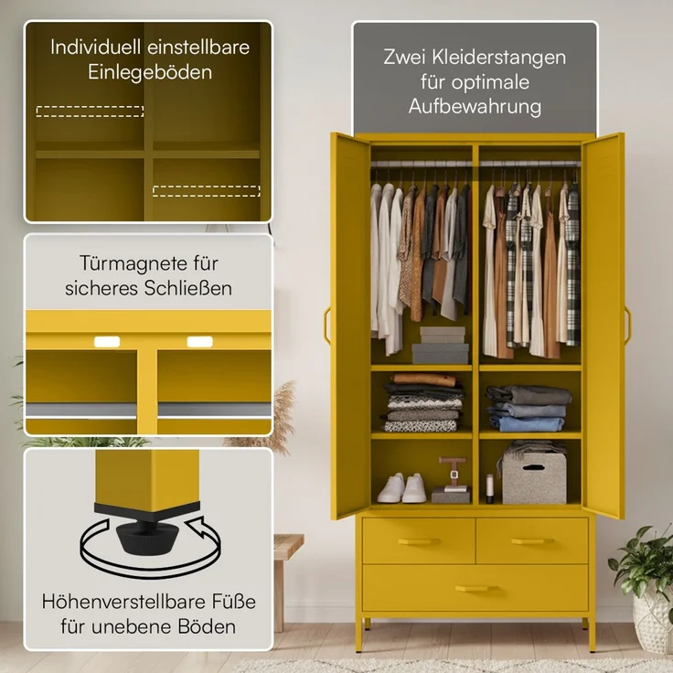 skølm 'Atria' Kleiderschrank mit 3 Schubladen, Metall, 170x45x80 cm, senfgelb, Garderobe mit 4 Fächern und 2 Kleiderstangen – Bild 3