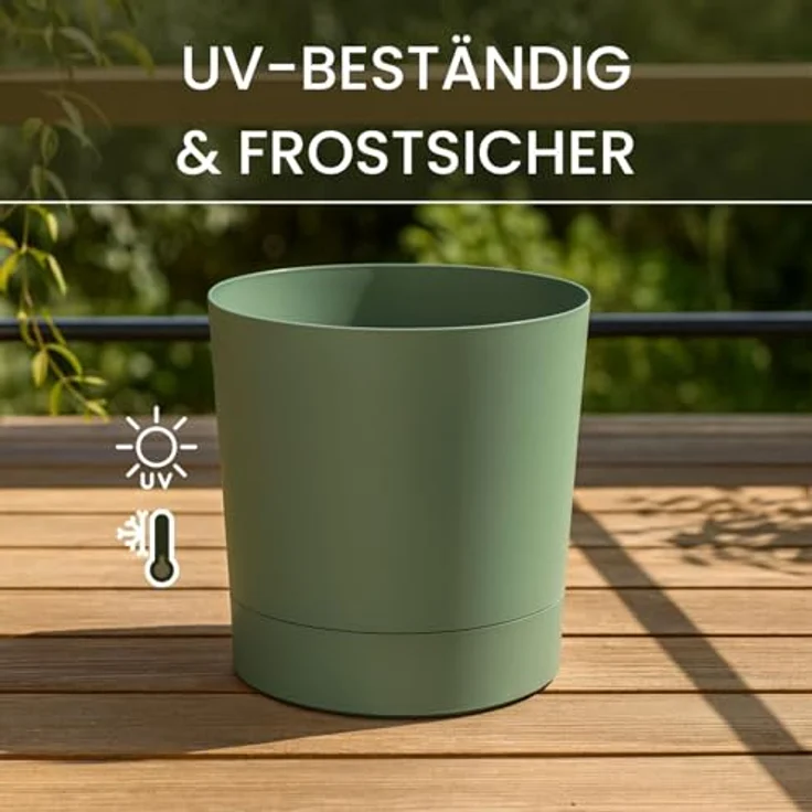 LAMELA Pflanzgefäß mit integriertem Untersetzer, Breite 22,5 cm – 7L – Grüner Blumentopf für Innen & Außen – Wetterfest & Pflegeleicht, Graugrün – Bild 4