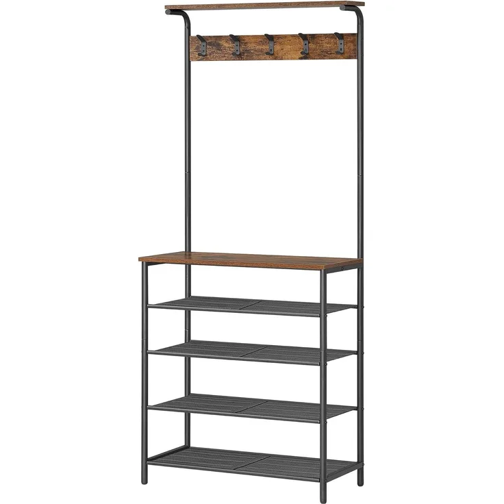 Vasagle Garderobenständer, Kleiderständer, Garderobe mit 5 Doppelhaken, Schuhregal mit 5 Ebenen, eine Ablage Oben, für Wohnungen, Schlafzimmer, Flur, Industrie-Design, vintagebraun-schwarz von Songmics HSR412B01