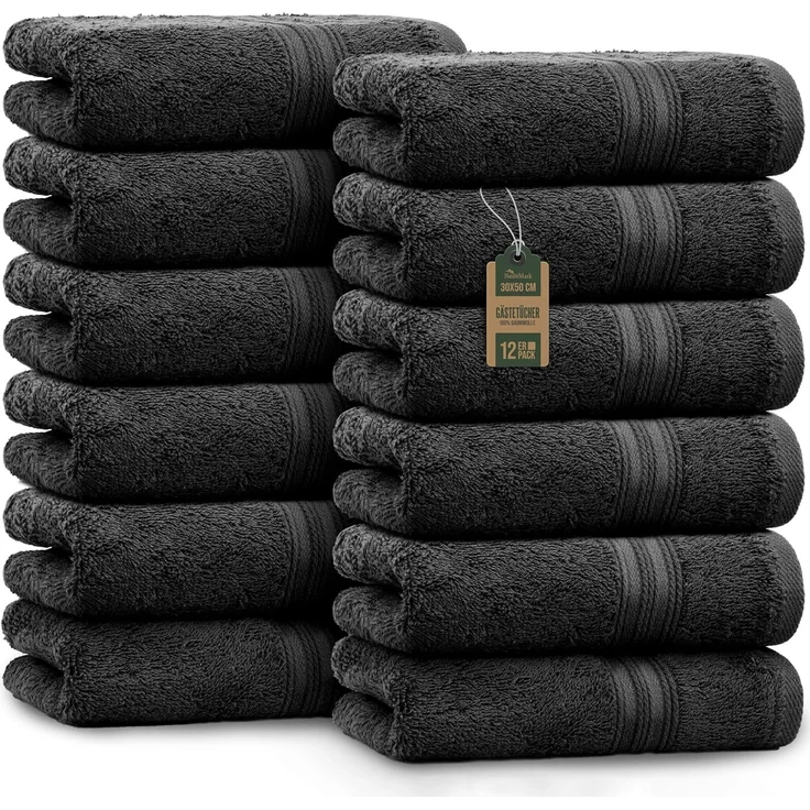 NatureMark 12er Pack Gästetücher Premium Qualität 30x50 cm GÄSTEHANDTUCH Frottiertuch-Set 100% Baumwolle Farbe: Schwarz – Bild 1