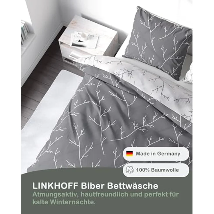 LINKHOFF Wendebettwäsche Biber Bettwäsche 135x200 / 155x220cm - Zweigemuster in Grau Weiß, Anthrazit Zweige 100% Baumwolle Bettwäsche-Set Aesthetic Floral – Bild 5
