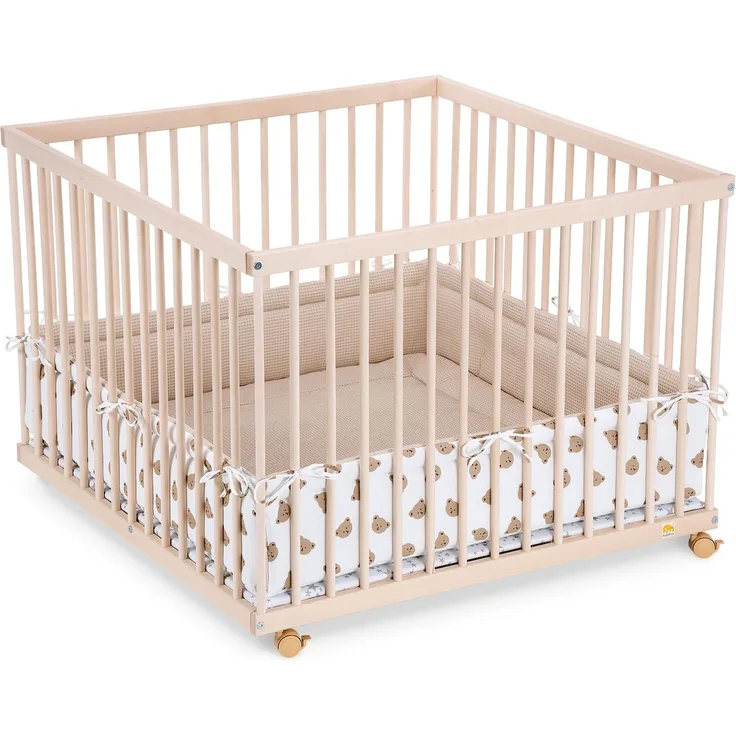 FabiMax Baby Laufgitter 100x100 Natur, stufenlos höhenverstellbar, mit Schlupfsprossen, Laufstall aus massivem Buchenholz (Waffel/Bären)