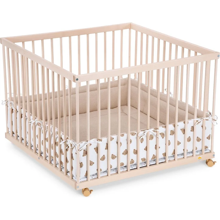 FabiMax Baby Laufgitter 100x100 Natur, stufenlos höhenverstellbar, mit Schlupfsprossen, Laufstall aus massivem Buchenholz (Waffel/Bären)