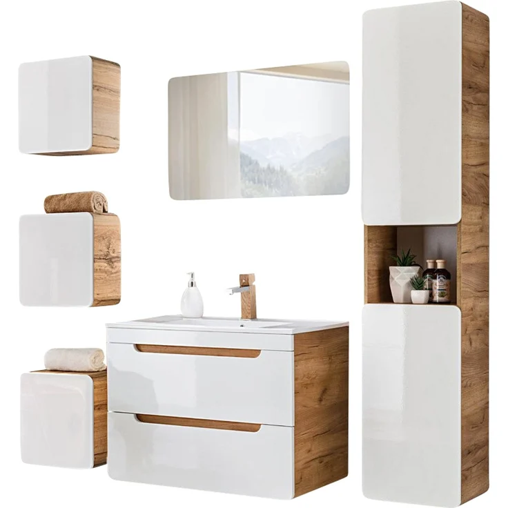 Badmöbel Komplett-Set mit 81 cm Keramik-Waschtisch & LED-Spiegel LUTON-56 Hochglanz weiß mit Wotan Eiche Nb, B/H/T ca. 180/200/46 cm – Bild 8