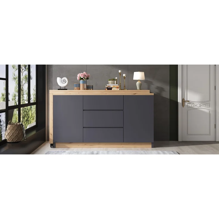 Schreibtisch 120 x 50 x 76,5 cm, 360° dreh- und klappbar, 3 Schubladen, 2 Türen, 4 cm Tischplatte, 2 feststellbare Rollen, Spanplatte, Grau/Eiche – Bild 14