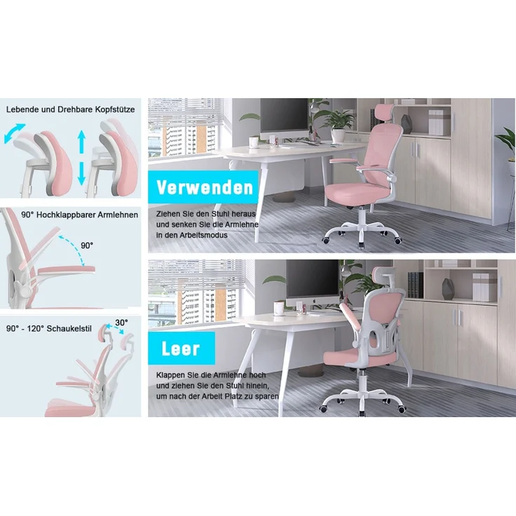 Botifly Ergonomischer Bürostuhl mit Kopfstütze, Mesh-Gewebe, Rosa, 90°-120° Wippfunktion, 10 cm Höhenverstellbar, 52 x 26 x 57 cm – Bild 9