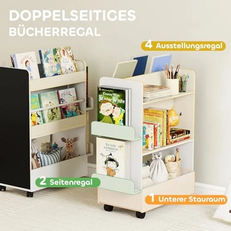 AIYAPLAY Regal doppelseitiges Kinderregal mit 4 Regalen, Bodenfach, 2 Seitenteile, Kinder Bücherregal 1-tlg, mit Tafel, Rollen, für Kinderzimmer, Spielzimmer, für 3–8 Jahre, Weiß – Bild 4