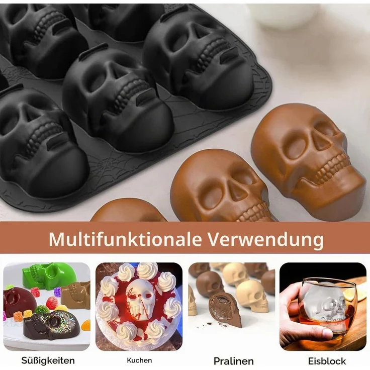 FOUORTUNATE-BEE Backform Halloween Silikonform mit 6 Totenköpfen für Eis Kuchen Schokolade Deko, Totenkopf Backform für Halloween Geburtstag Party Eis und Süßigkeiten – Bild 3