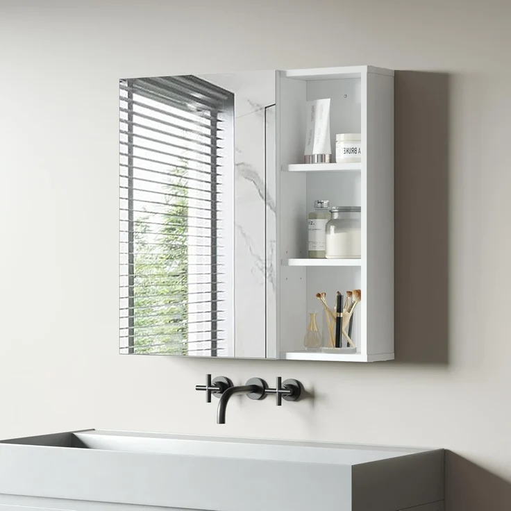 Mondeer Badezimmerspiegelschrank Badezimmerspiegel mit 1 Tür und 4 Haken verstellbare Ablagen, 65 x 15 x 65 cm, Weiß – Bild 7