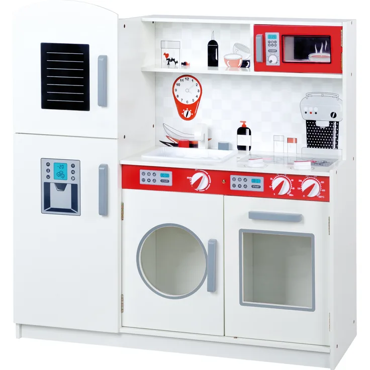 roba Spielküche - Kühlschrank - Tafel - Herd - Mikrowelle - Spüle - Wasserhahn - Weiß / Rot