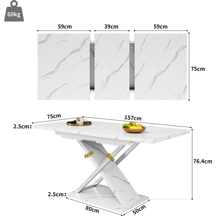 Teleskop-Esstisch 118–157 cm mit Marmormuster MDF-Platte, robustes Kreuzbein-Design, Metall-Teleskopstange, 76.4cmx118-157cmx75cm – Bild 6