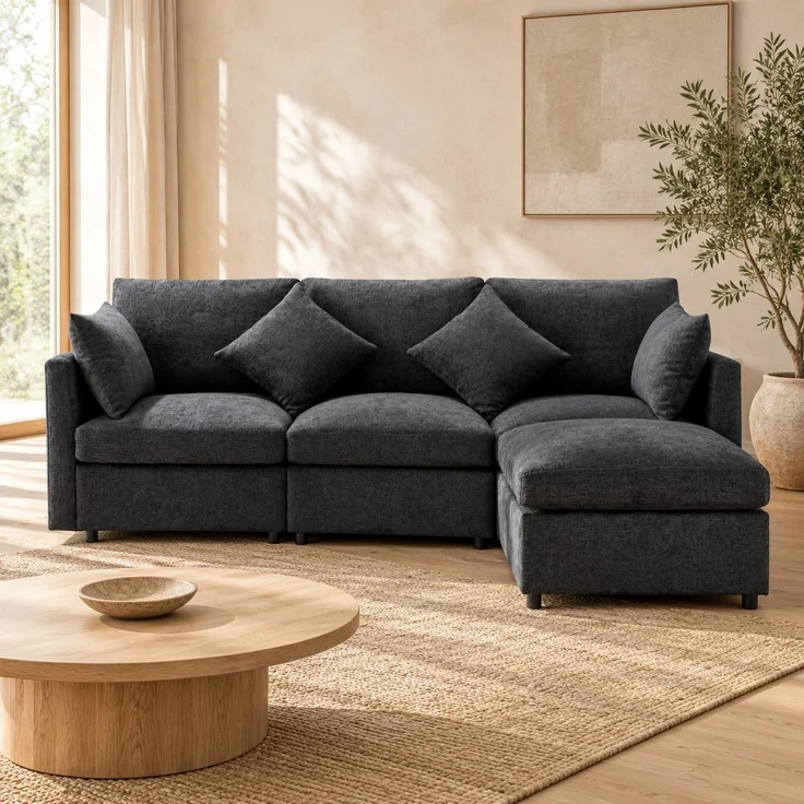 DESVIAE Sofa modular mit beweglichem Hocker 216x81x161 cm Chenille Grau – Bild 2