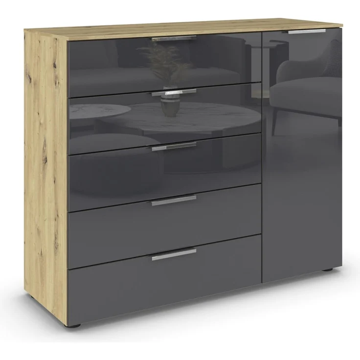 Rauch Möbel Flipp, Kommode für Schlafzimmer, Kinderzimmer, Wohnzimmer, Flur, Garderobe, 1-türig, 5 Schubladen, mit Softclose-Funktion, Farbe Eiche Artisan, Holz/Glas Basalt, Schwarz, Breite 120 cm – Bild 1
