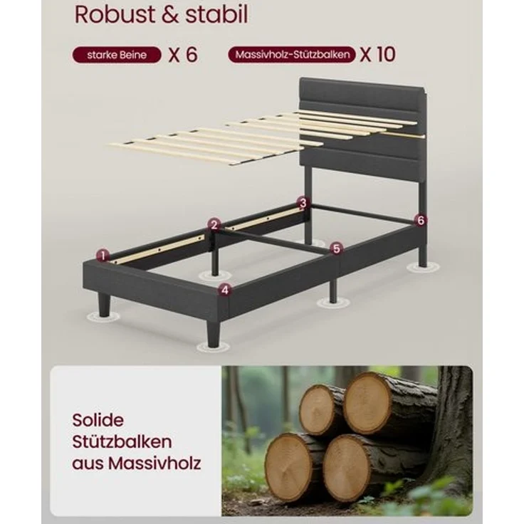 VASAGLE Bettgestell, Einzelbettgestell, passend für 90 x 200 cm Matratze, verstellbares gepolstertes Kopfteil, modern, grau – Bild 4