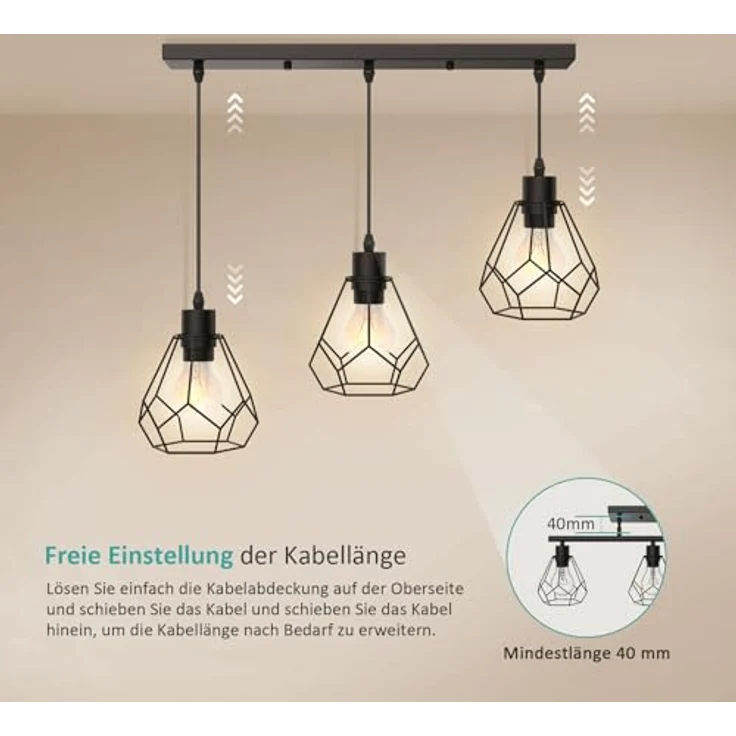 EMKE Pendellampe Pendelleuchte 3 flammig Hängelampe, Vintage Hängeleuchte Esszimmer Esstisch Lampenschirm Licht, E27 Lampe Hängend Küche Wohnzimmer Pendellampen Schwarz – Bild 3