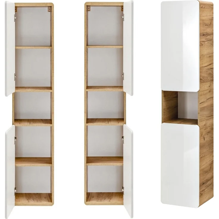 Badmöbel Hochschrank LUTON-56, Wotan Eiche Nb. Nb. Hochglanz weiß, B/H/T ca. 35/170/32 cm – Bild 8
