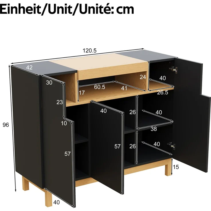 Merax Sideboard, Drei Türen, Geeignet für Wohn- und Esszimmer, Multifunktionales Aufbewahrungsmöbel, Schwarz – Bild 4