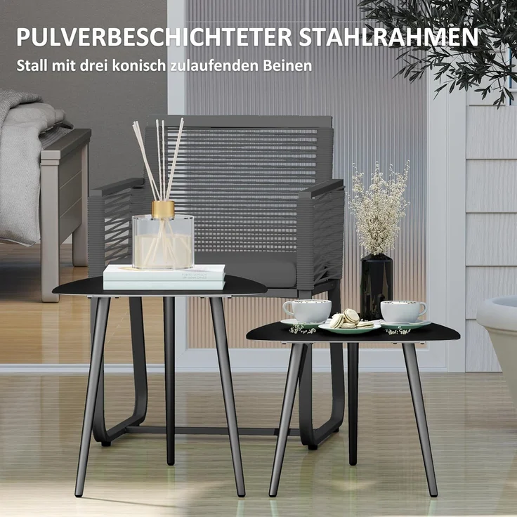 Outsunny Beistelltisch im Geometrischem Design (wetterfest Balkontisch, 2-St, 2er Set Couchtisch), aus Stahl, für Garten, Terrasse, Balkon, Schwarz – Bild 5
