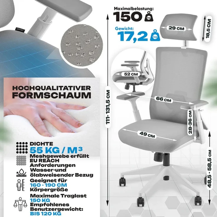 VALKENSTOL M3 Pro Bürostuhl Ergonomisch Testsieger mit verstellbaren Armlehnen | bequemer Schreibtischstuhl mit Lendenwirbelstütze Rückenschonend | Bürostühle verstellbare Sitztiefe gesundes Sitzen – Bild 10