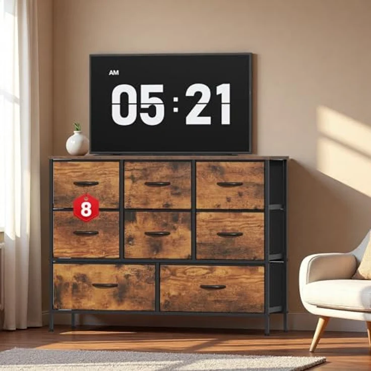Feonase Stoffkommode mit 8 Schubladen, Schubladenschrank & Komode, Metallrahmen & MDF-Deckplatte, verstellbare Füße, Aufbewahrung für Schlafzimmer, Wohnzimmer, Flur, Rustikbraun – Bild 7