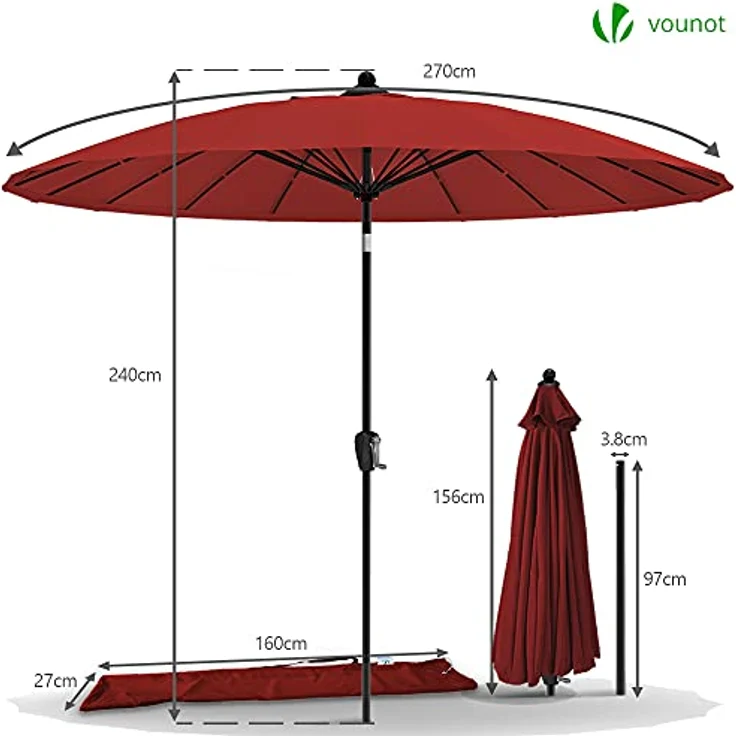 VOUNOT Shanghai Sonnenschirm 270 cm Rund mit Kurbelvorrichtung, Knickbar, Sonnenschutz UV-Schutz, Balkonschirm Gartenschirm Marktschirm mit Schutzhülle, Rot – Bild 7