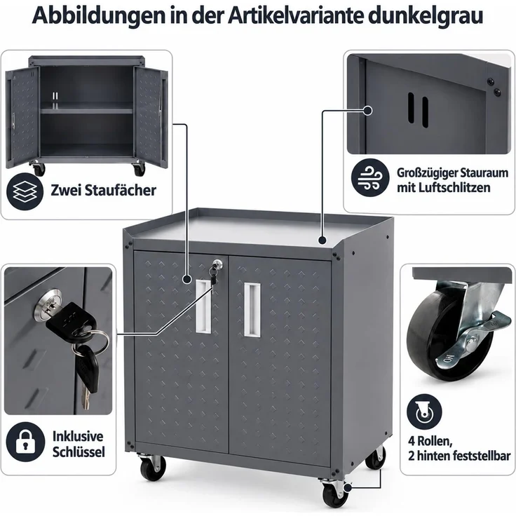 Rollschrank HWC-O52, Werkstattwagen Rollwagen, abschließbar Rollen 2 Staufächer Stahl 80x77x50cm ~ dunkelgrau – Bild 2