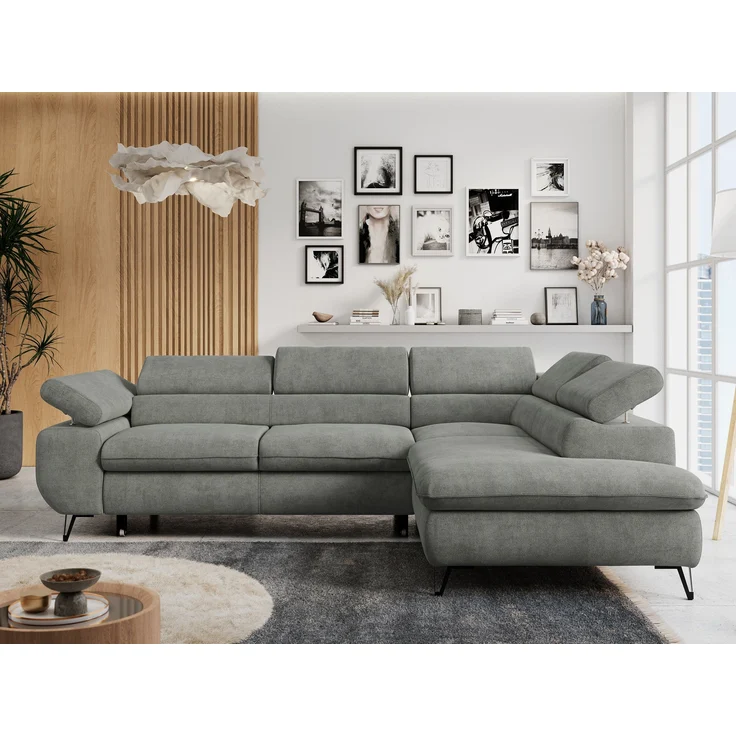 Mks Möbel 'Peter L-form' Ecksofa mit Bettfunktion, Bettkasten & einstellbaren Kopfstützen, Grau, Stoff, mit Topper, rechts – Bild 1