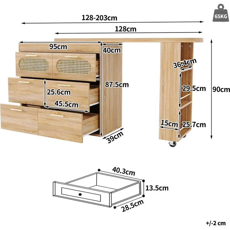 Bartisch mit 6 Schubladen & PE Rattan Türen, 360° drehbarer Stehtisch mit Kippsicherung, viel Stauraum, Metallgriffe, Bistrotisch für Wohnzimmer, Küche, Esszimmer, Arbeitsbereich--Natürlich--140x46.99x14cm--YOUDENOVA – Bild 6