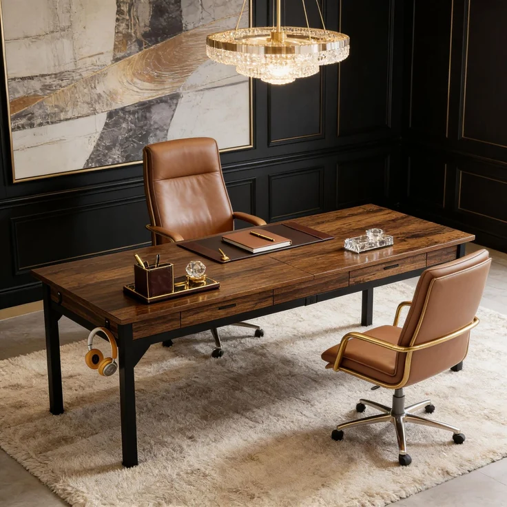 Langer Chefschreibtisch,Zwei-Personen-Computertisch,Arbeitstisch (nur Tisch)--Schwarz, Rustikales Braun--200x60x82cm--YOUDENOVA – Bild 4