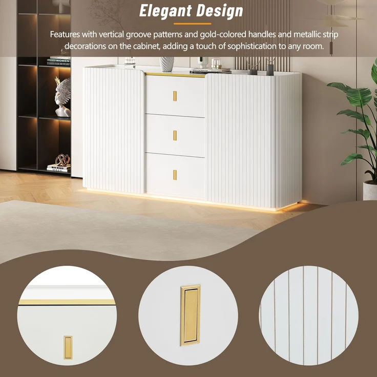 Sideboard 150 x 35 x 80 cm aus Spanplatte in Weiß mit 3 Schubladen, 2 Türen und LED-Beleuchtung – Bild 9