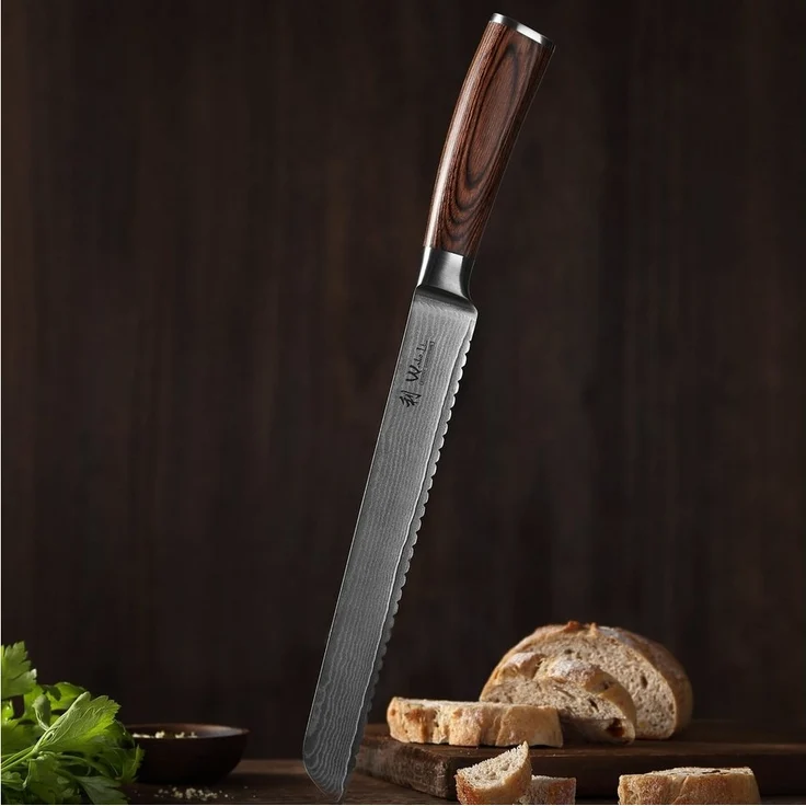 Wakoli Brotmesser EDIB Damastmesser I Küchenmesser Kochmesser I 23cm Wellenschliffklinge, VG10 Kern, 67 Lagen Damaststahl, Pakkaholzgriff, inkl. Geschenkbox – Bild 3