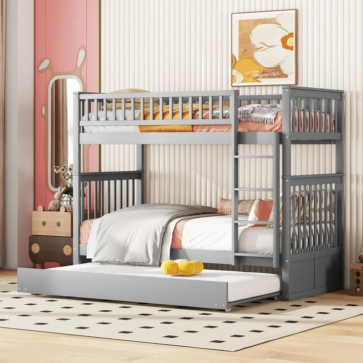 Etagenbett 90x200 cm mit Ausziehbett und Treppe, Kinderbett mit hoher Absturzsicherung,abnehmbares Massivholzbett mit stabilem Rahmen,Grau – Bild 4