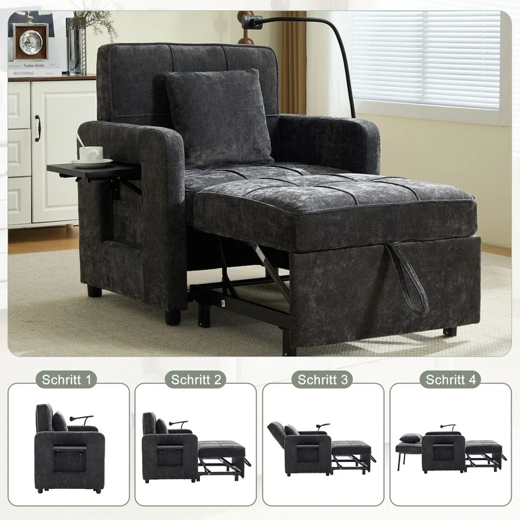 LVHOM Multifunktionaler Schlafsessel mit klappbarer Ablage, Ausziehbares 1-Sitzer Schlafsofa mit Handyhalter und Seitentaschen, Loungesessel, Dunkelgrau – Bild 3