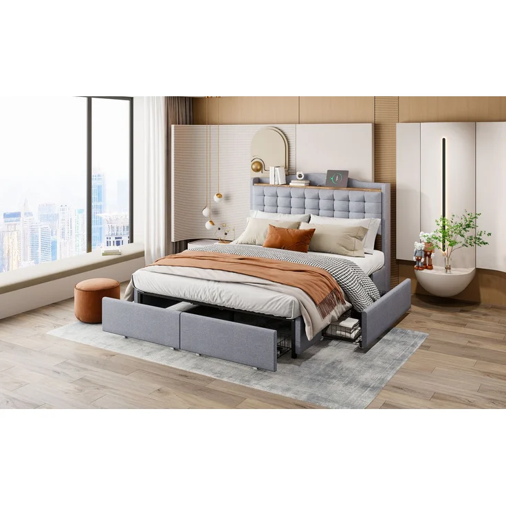 Polsterbett 140*200 cm, Nachttisch mit USB-Ladeanschluss und Ablage, Doppelflachbett mit 4 Schubladen, Leinenstoff Grau – Bild 4